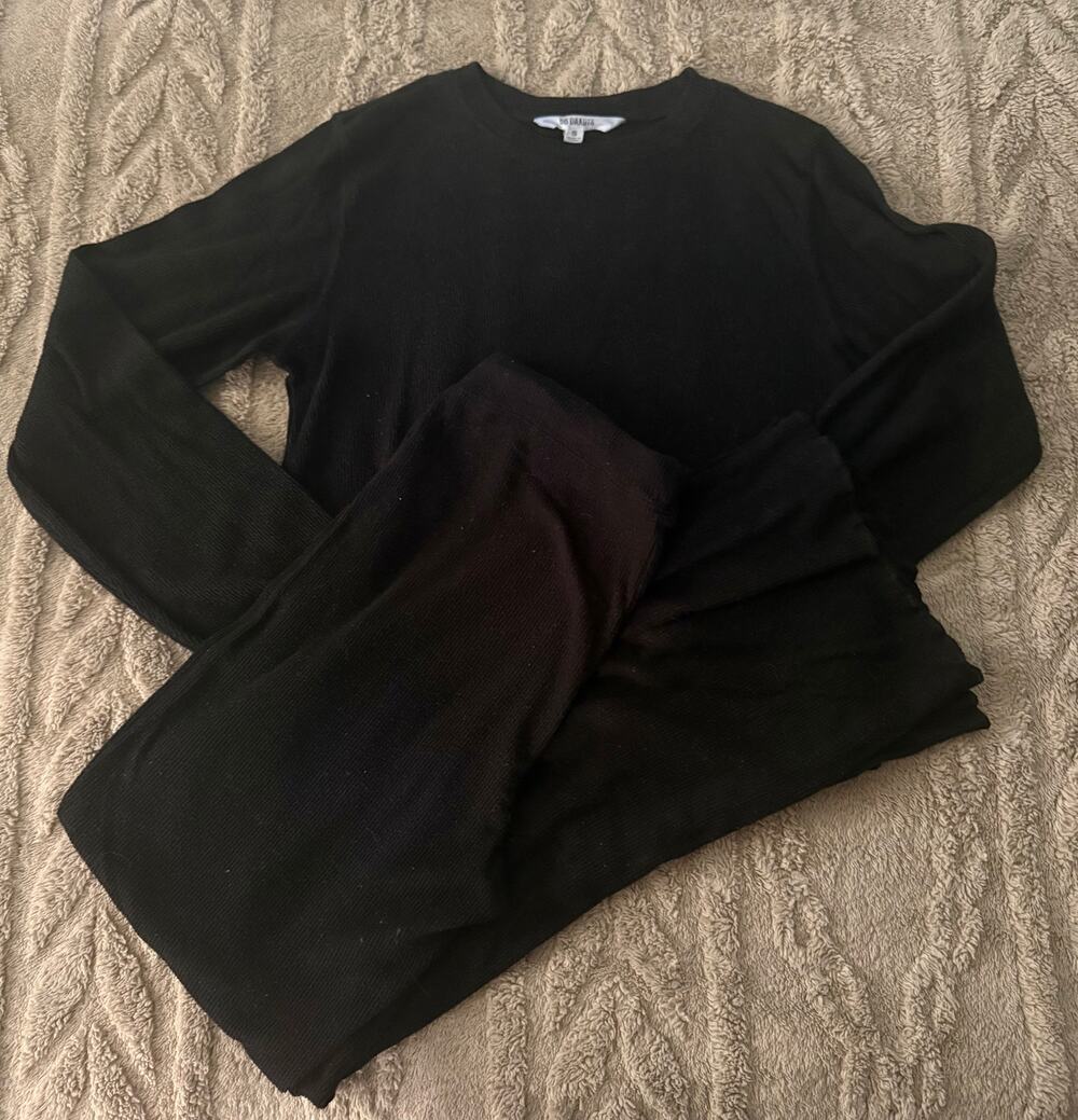 BB Dakota Black Ribbed Knit Pajama Set Long Sleeve Top Pants Lounge Set Size S